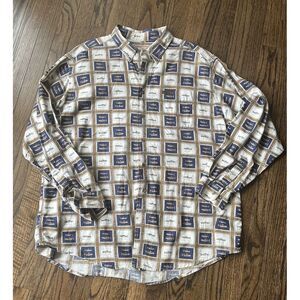 Vintage Woolrich Button Up Shirt Mens 2 XL Brown Blue Fish Print Made in USA